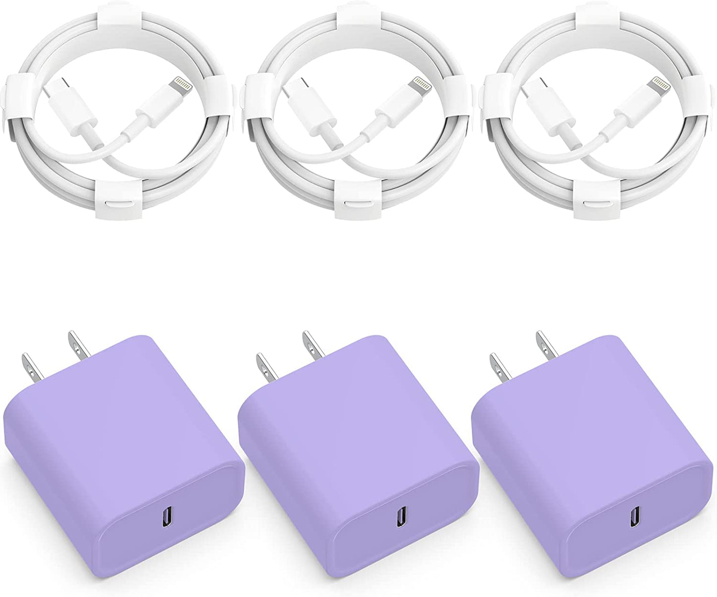 3-Pack Iphone 14 13 12 11 Fast Charger,【Apple Mfi Certified】 20W PD USB C Wall Charger 6FT Cable Fasting Charging Adapter Compatible with Iphone 14Pro/13 Pro/12/12 Pro Max/11 Pro Max/Xs Max/Xs/Xr/X/8  CQDKWG Purple  