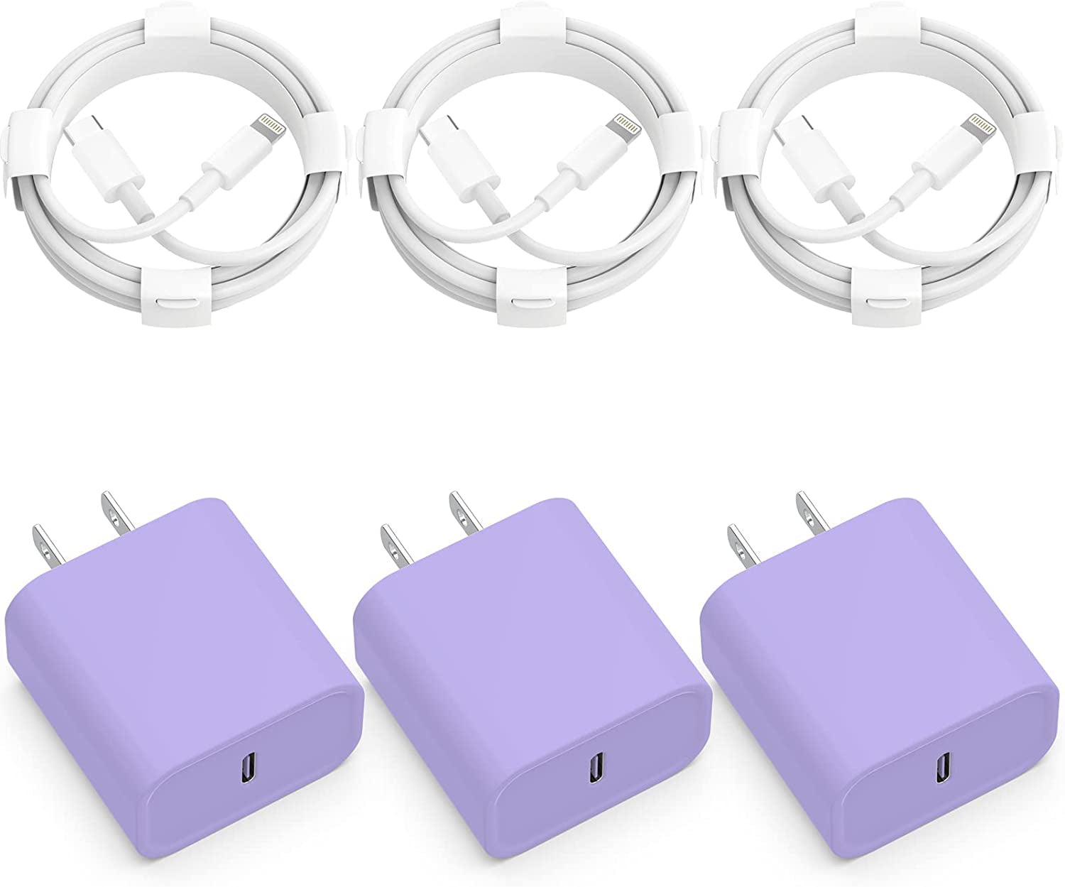 3-Pack Iphone 14 13 12 11 Fast Charger,【Apple Mfi Certified】 20W PD USB C Wall Charger 6FT Cable Fasting Charging Adapter Compatible with Iphone 14Pro/13 Pro/12/12 Pro Max/11 Pro Max/Xs Max/Xs/Xr/X/8  CQDKWG Purple  