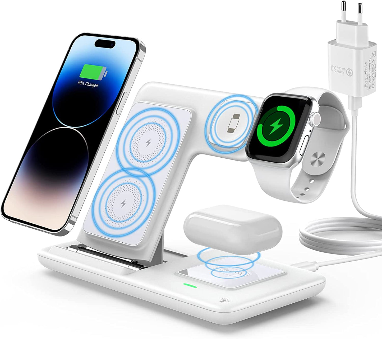 Charging Station for Apple Multiple Devices, 3 in 1 Fast Wireless Charger Foldable for Iphone 14/13/12/11/Pro/Xs/Xs Max/Xr/X/Se/8/8 plus Apple Watch 8/7/6/SE/5/4/3/2 Airpods 3/2/Pro with Adapter  Bauhoo White  