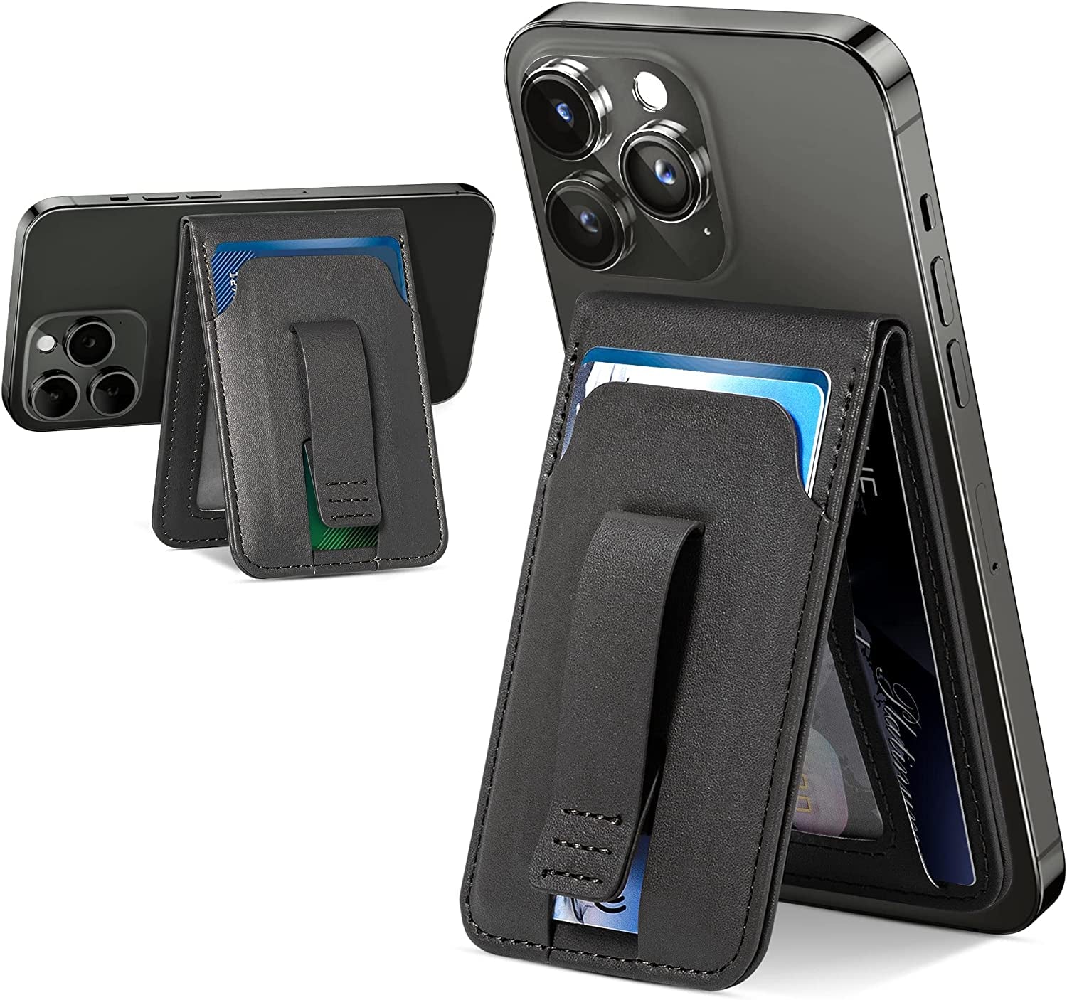 Magsafe Phone Wallet Card Holder: Magnetic Apple Wallet and Adjustable Phone Stand for Iphone 14/13/12 Series, 4 Cards Holder, Grip Finger Loop, Vegan Leather, Black (Not for Iphone 13 Mini/12 Mini)  Huogantom   