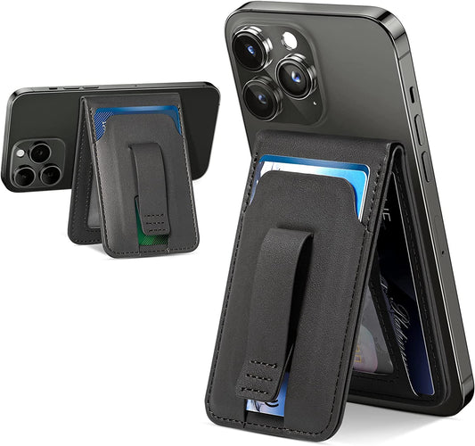 Magsafe Phone Wallet Card Holder: Magnetic Apple Wallet and Adjustable Phone Stand for Iphone 14/13/12 Series, 4 Cards Holder, Grip Finger Loop, Vegan Leather, Black (Not for Iphone 13 Mini/12 Mini)  Huogantom   