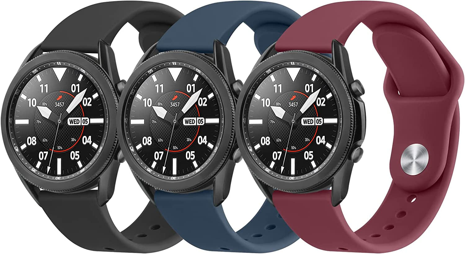 3 PACK Bands Compatible with Samsung Galaxy Watch 3 Bands 45Mm, Galaxy Watch 46Mm Band, 22Mm Adjustable Soft Silicone Sport Strap Replacement Band for Galaxy Watch 3 45Mm Women Men  Wanme Black+Abyss Blue+Wine Red  