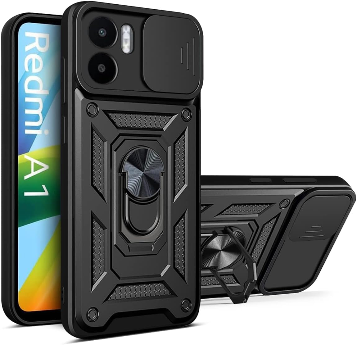 Ysnzaq Military Grade Heavy Duty Case for Xiaomi Redmi A1 /Redmi A2, Sliding Window Lens Protection with Magnetic Bracket Phone Cover for Xiaomi Redmi A1 /Redmi A2 SJ Red  Ysnzaq Black  