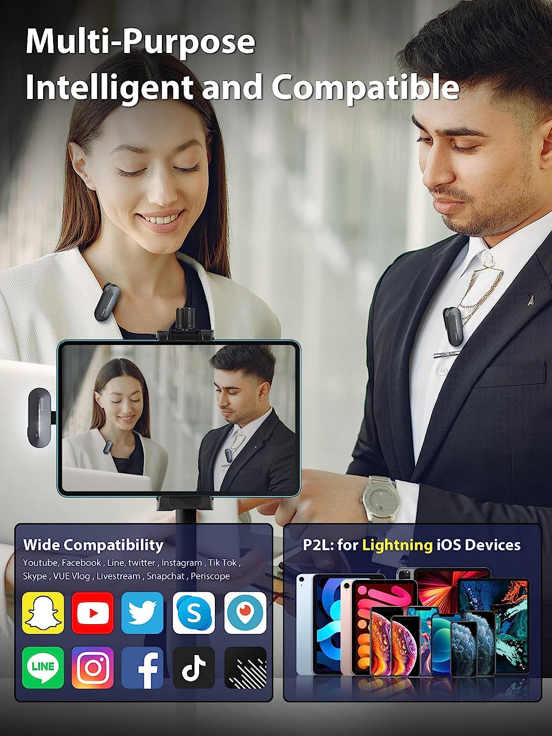 SYNCO Wireless Lavalier Microphone for Iphone, P2L Dual Mic with Noise Reduction, Voice Changer Plug Play with Charging Case Clip Mic for Lightning Smartphone, Microphone-For-Iphone  SYNCO   