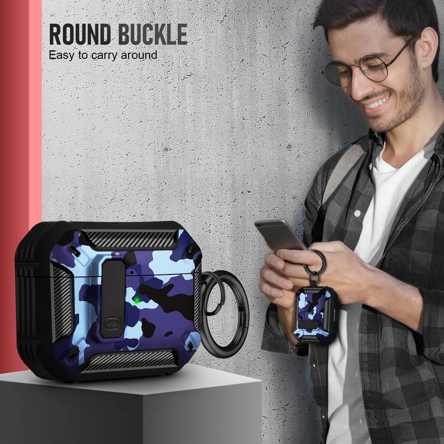 Youskin Airpod Pro Case Secure Lock Clip Case,Carbon Fiber Military Armor Series Full-Body Rugged Hard Shell Airpod Pro Case for Men Women with Keychain，Blue Camo  Youskin   