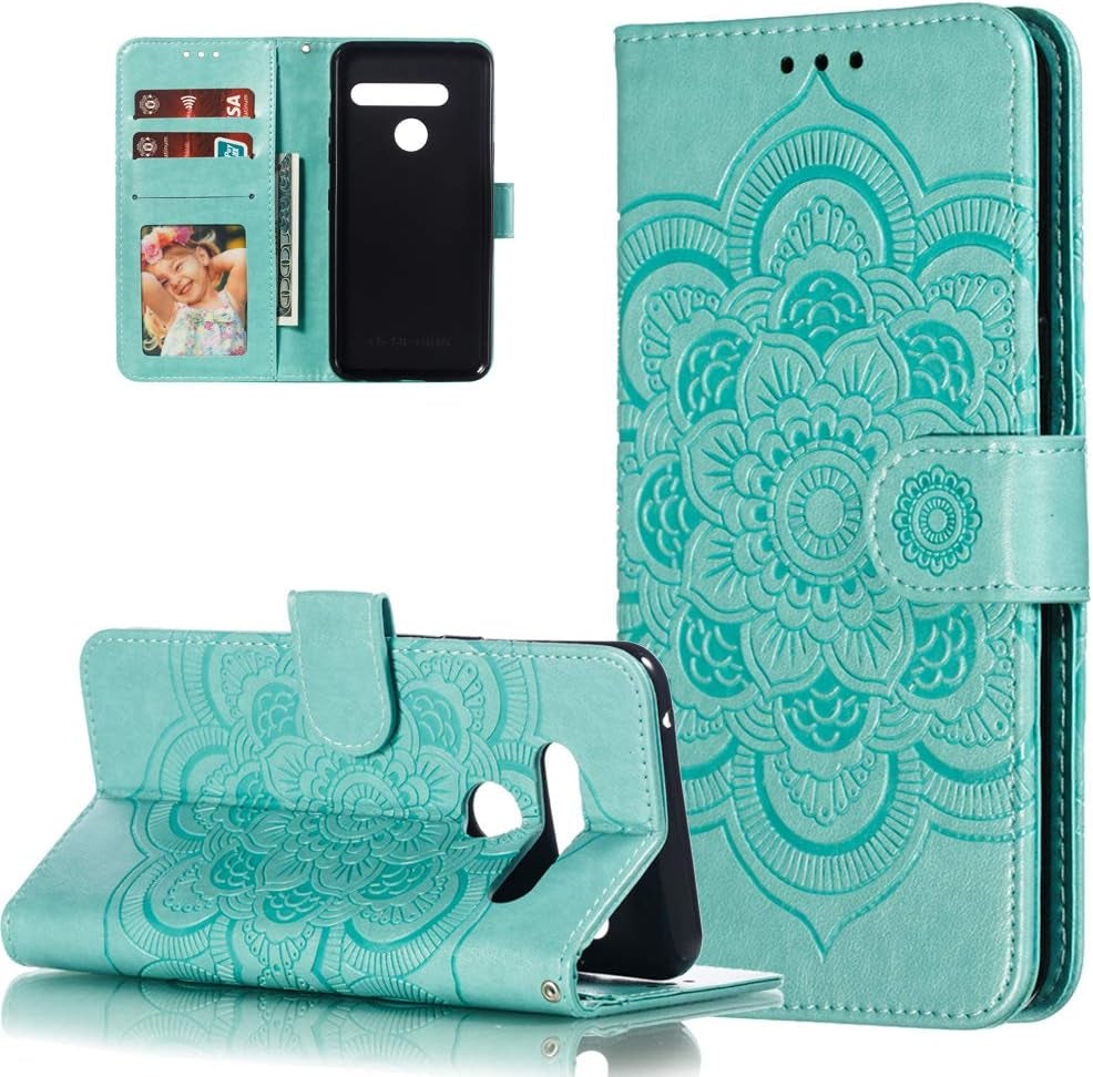 HMTECHUS LG G8 Thinq Case Embossing Durable Shell Card Slots Holder Luxury PU Leather Wallet Bookstyle Magnetic Stand Shockproof Protection Flip Cover for LG G8 / G8S / G8 Thinq Mandala Gray LD  HMTECHUS Ld] Mandala:Green  