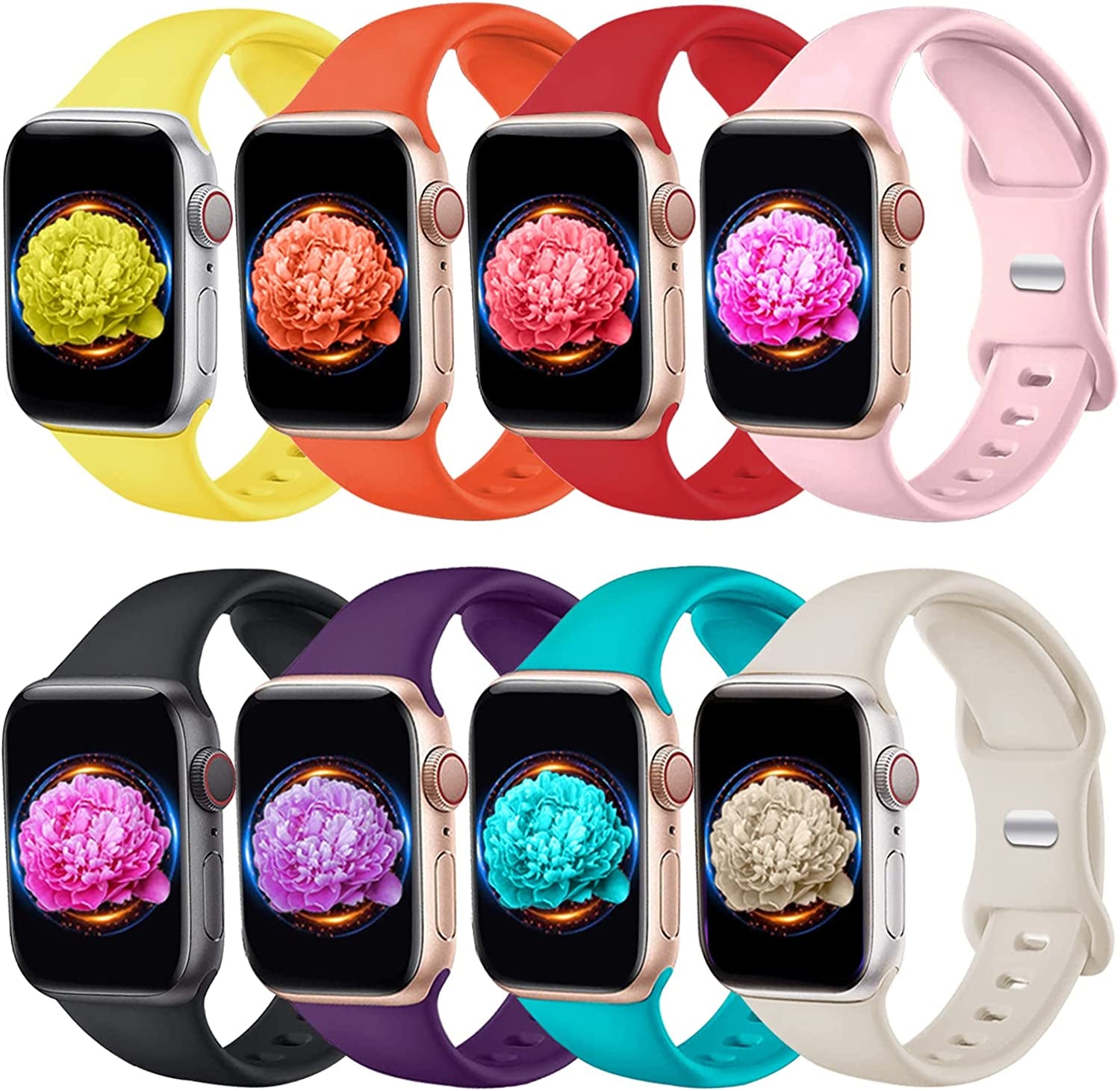 8 Pack Bands Compatible with Apple Watch Band 38Mm 40Mm 41Mm 42Mm 44Mm 45Mm 49Mm for Women Men, Breathable Soft Silicone Waterproof Sport Strap Compatible with Iwatch Series Ultra 8 7 6 5 4 3 2 1 SE  Brigtlaiff Black/Pink/Starlight/Orange/Red/Yellow/Teal/Purple 38mm/40mm/41mm 