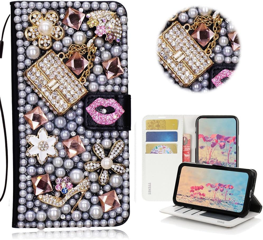 STENES LG G6 Case, LG G6 plus Case - STYLISH - 3D Handmade Bling Crystal Butterfly Rose Flowers Wallet Credit Card Slots Fold Stand Leather Cover Case for LG G6/LG G6 plus - Green  STENES Sexy Girls Bag High Heel Lips / Pink  