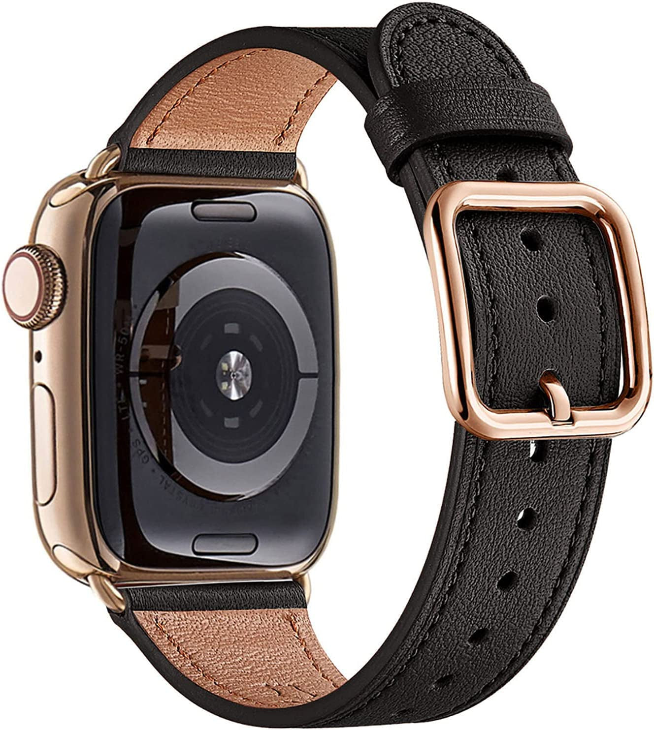 MNBVCXZ Compatible with Apple Watch Band 38Mm 40Mm 41Mm 42Mm 44Mm 45Mm 49Mm Women Men Girls Boys Genuine Leather Replacement Strap for Iwatch Series 8 7 6 5 4 3 2 1 Iwatch Ultra SE (Pink Sand/Rose Gold)  MNBVCXZ-US Black/Gold 42mm 44mm 45mm 49mm 