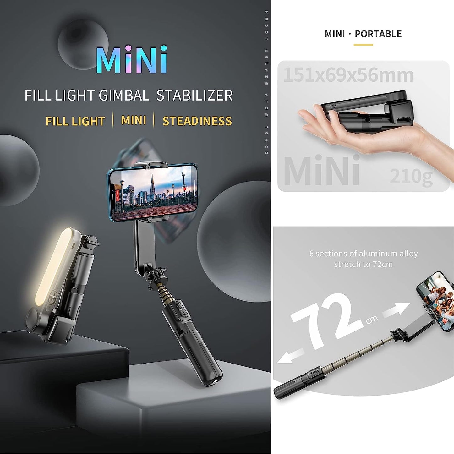 RIEIEK Mobile Phone Selfie Stick Tripod with Stabilizer, Electric Gimbal with Dual Color Temperature LED Light and Wireless Remote Control Handheld Retractable Camera Photo Stick Grip  RIEIEK   