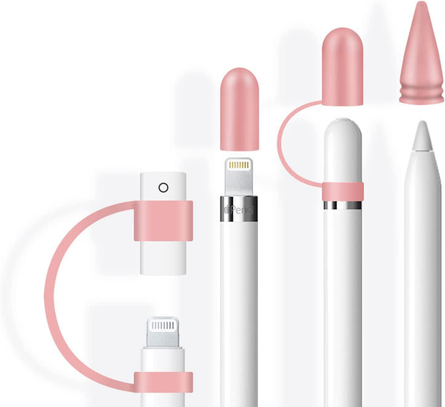 Siduater [4-Pack] Silicone Protective Accessories for Apple Pencil 1St Generation, Includes 1 Apple Pencil Cap Replacements, Apple Pencil Cap Holder, Apple Pencil Tip Cover, Adapter Tether - White  siduater Pink  