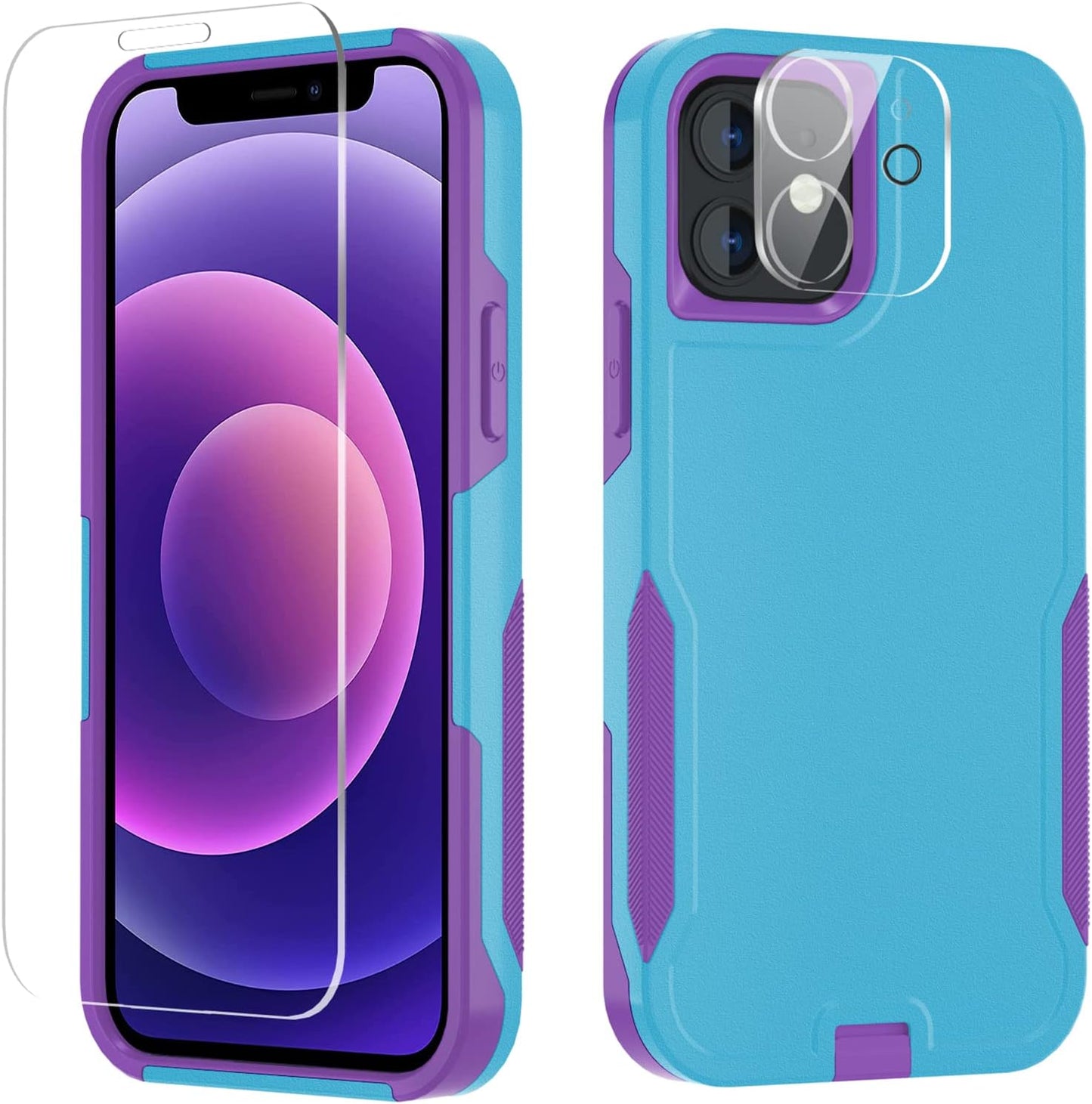 Xmon for Iphone 12 Case [Shockproof] [Dropproof] [Tempered Glass Screen Protector with Camera Lens Protector] Heavy Duty Phone Case Cover for Apple Iphone 12 and Iphone 12 Pro 6.1 Inch (Orange)  Xmon Light Blue  