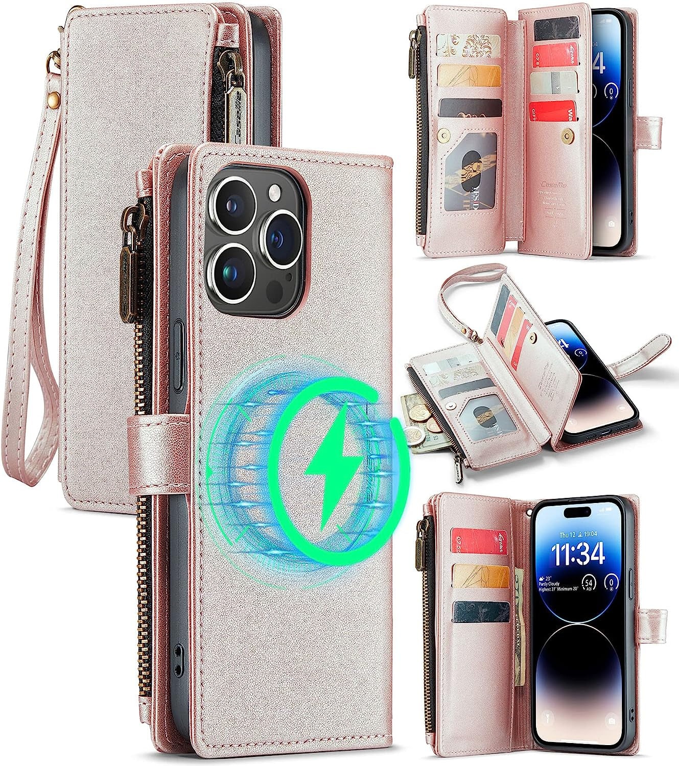 FLIPALM Wallet Case for Iphone 14 Pro(6.1") Flip Case,Compatible with Magsafe Charger,Pu Leather Zipper Protective Lanyard Strap Wristlet Case with Magnetic Closure and Card Holder Luxury Coffee  FLIPALM Rose Gold iPhone 14 Pro Max 