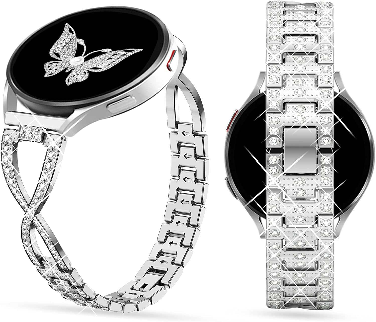 20Mm Bling Band Compatible for Samsung Galaxy Watch 4 40Mm 44Mm, Watch 5 40Mm 44Mm, Galaxy Watch 4 Classic 42Mm 46Mm, Active 2 40Mm 44Mm, Watch 42Mm, Watch 5 Pro, Watch 3 41Mm Rhinestone Band OULRAEFS Adjustable Women Bracelet Wristband Strap  OULRAEFS Silver  