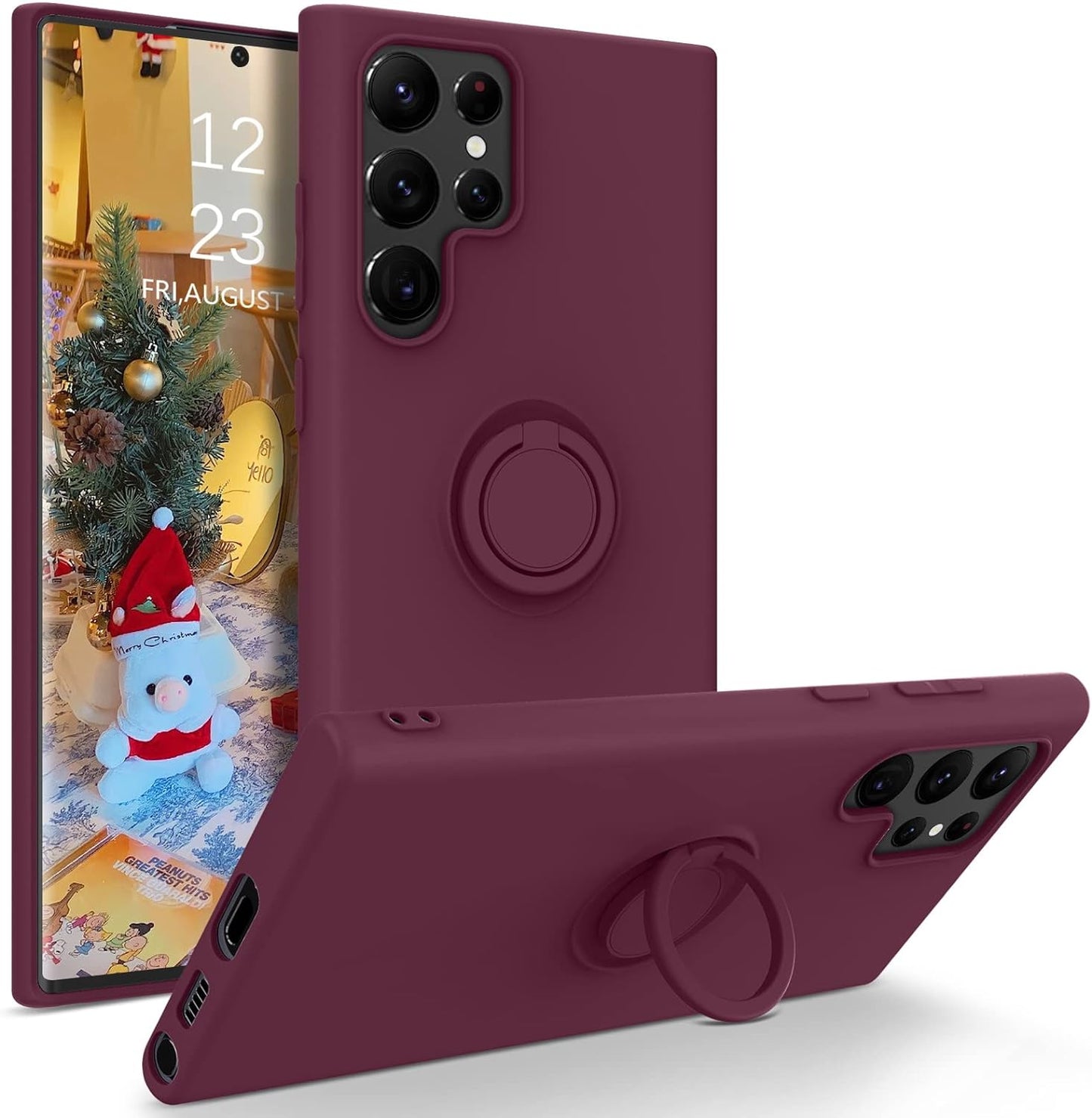 DUEDUE for Samsung Galaxy S22 Ultra 5G Case, Liquid Silicone Slim Soft Gel Rubber Cover with Ring Kickstand Car Mount Function Shockproof Protective Phone Case for Samsung S22 Ultra 6.8", Orange  DUEDUE 896-Wine Red  