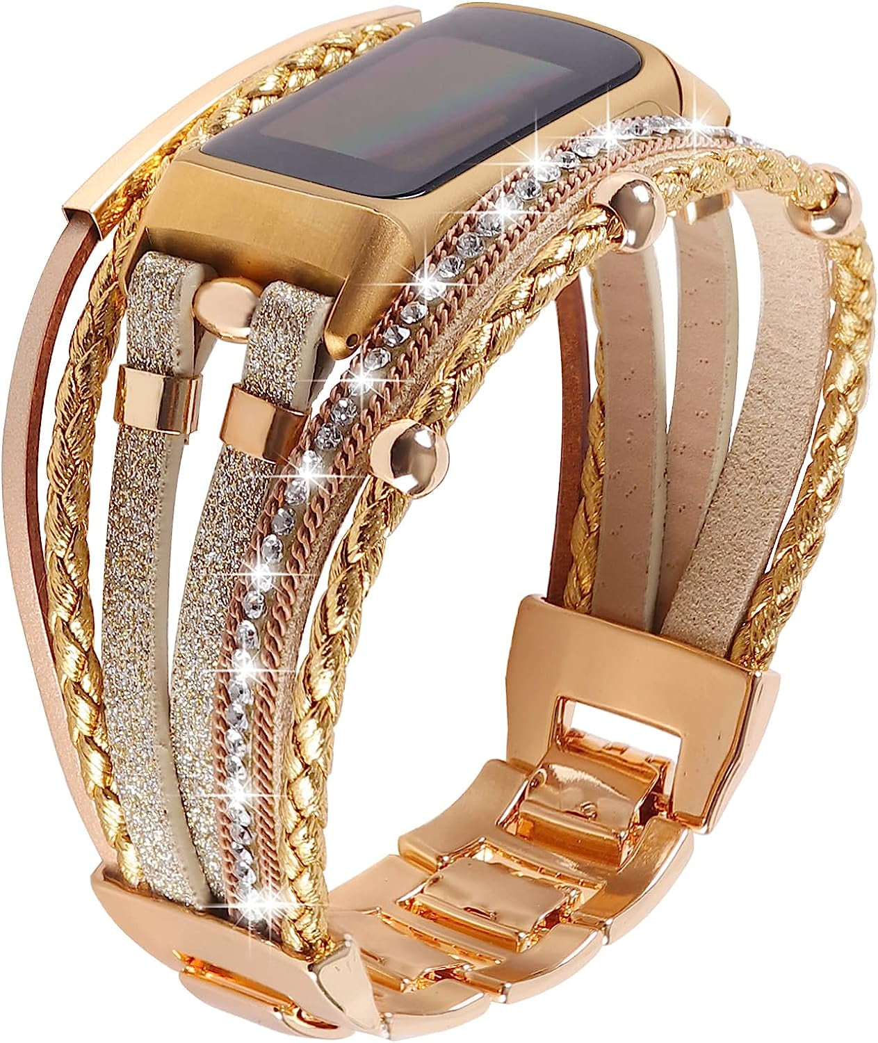 YOSWAN Leather Bands Compatible with Fitbit Charge 5 Bands for Women, Boho Handmade Multilayer Wrap Bracelets Jewelry Strap Wristband Replacement for Fitbit Charge 5 Fitness Tracker  YOSWAN Glitter Gold  