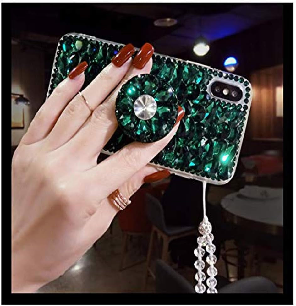 Diamond Kickstand Case for LG G8 Thinq,3D Handmade Luxury Sparkle Stunning Stones with Crystal Strap Bling Diamond Glitter Case for LG G8 Thinq(Green)  RB-CASE   