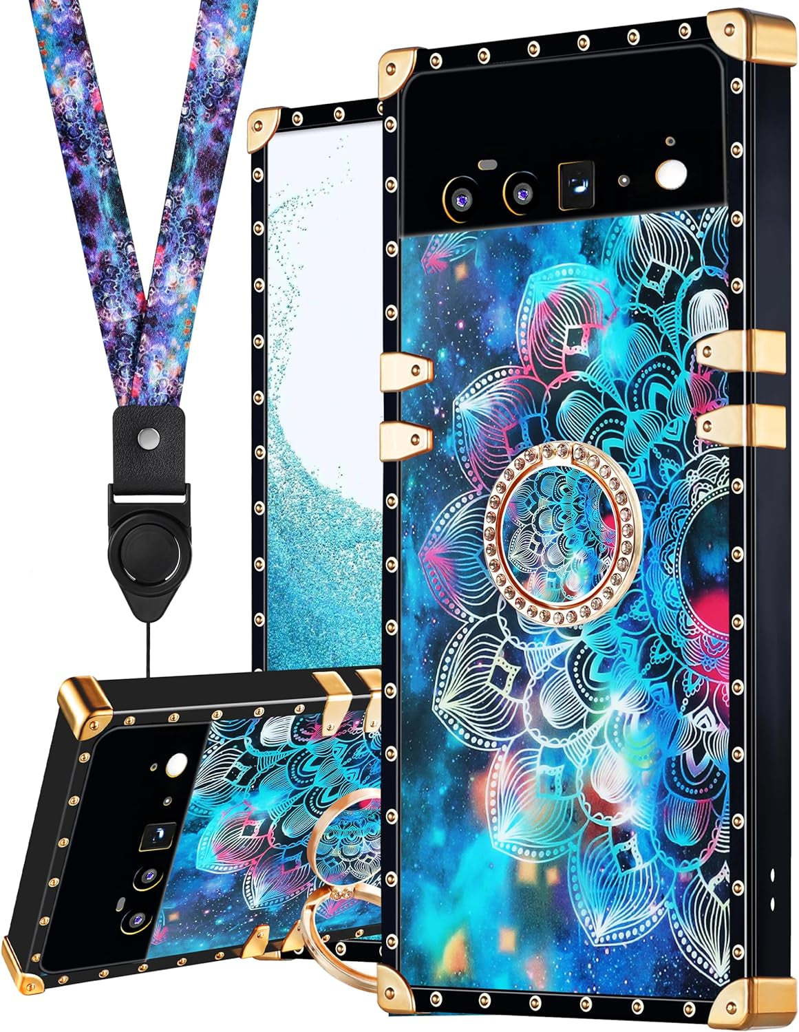 Loheckle for Pixel 6 Pro Case for Women, Designer Square Cases for Google Pixel 6 Pro with Ring Stand Holder and Lanyard, Stylish Bees Luxury Cover for Pixel 6 Pro 6.7 Inch  Loheckle Mandala  