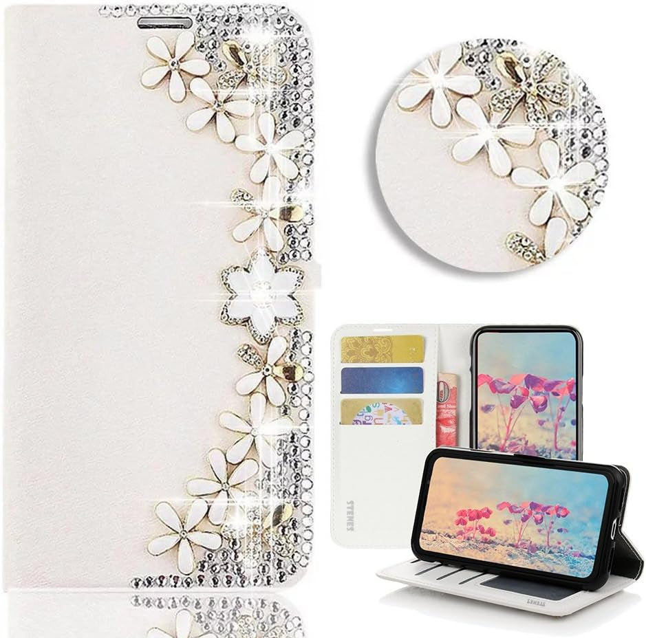 STENES LG G6 Case, LG G6 plus Case - Stylish - 3D Handmade Bling Crystal Butterfly Flowers Floral Wallet Credit Card Slots Fold Stand Leather Cover Case for LG G6/LG G6 plus - Blue  STENES Flowers Flowers / White  
