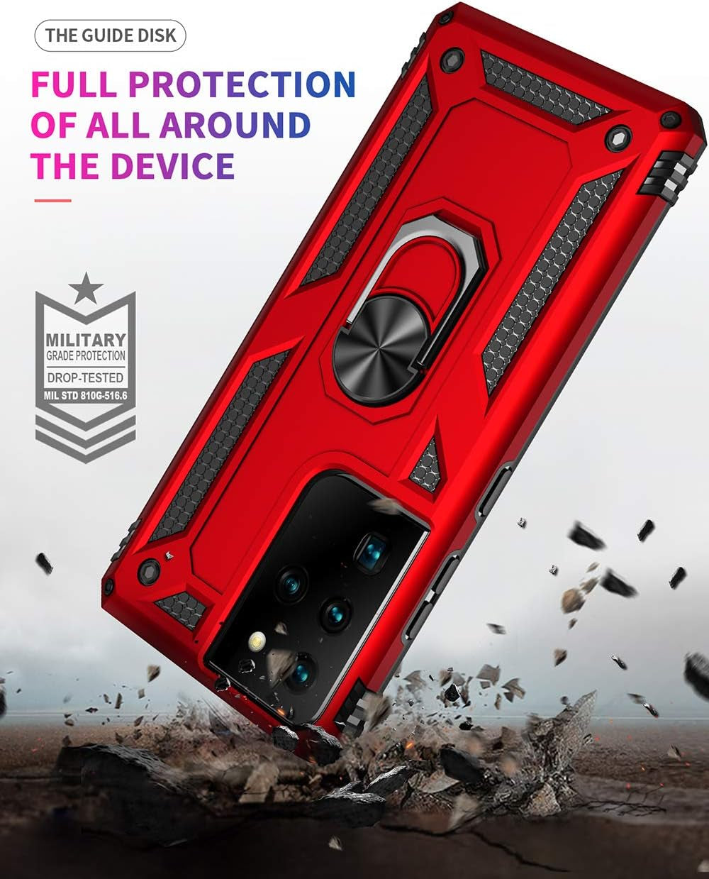 Military Grade Drop Impact for Samsung Galaxy S21 Ultra Case Galaxy S21 Ultra 5G Case 360 Metal Rotating Ring Kickstand Holder Armor Heavy Duty Shockproof Case for Galaxy S21 Ultra Phone Case (Red)  Dionsibei   