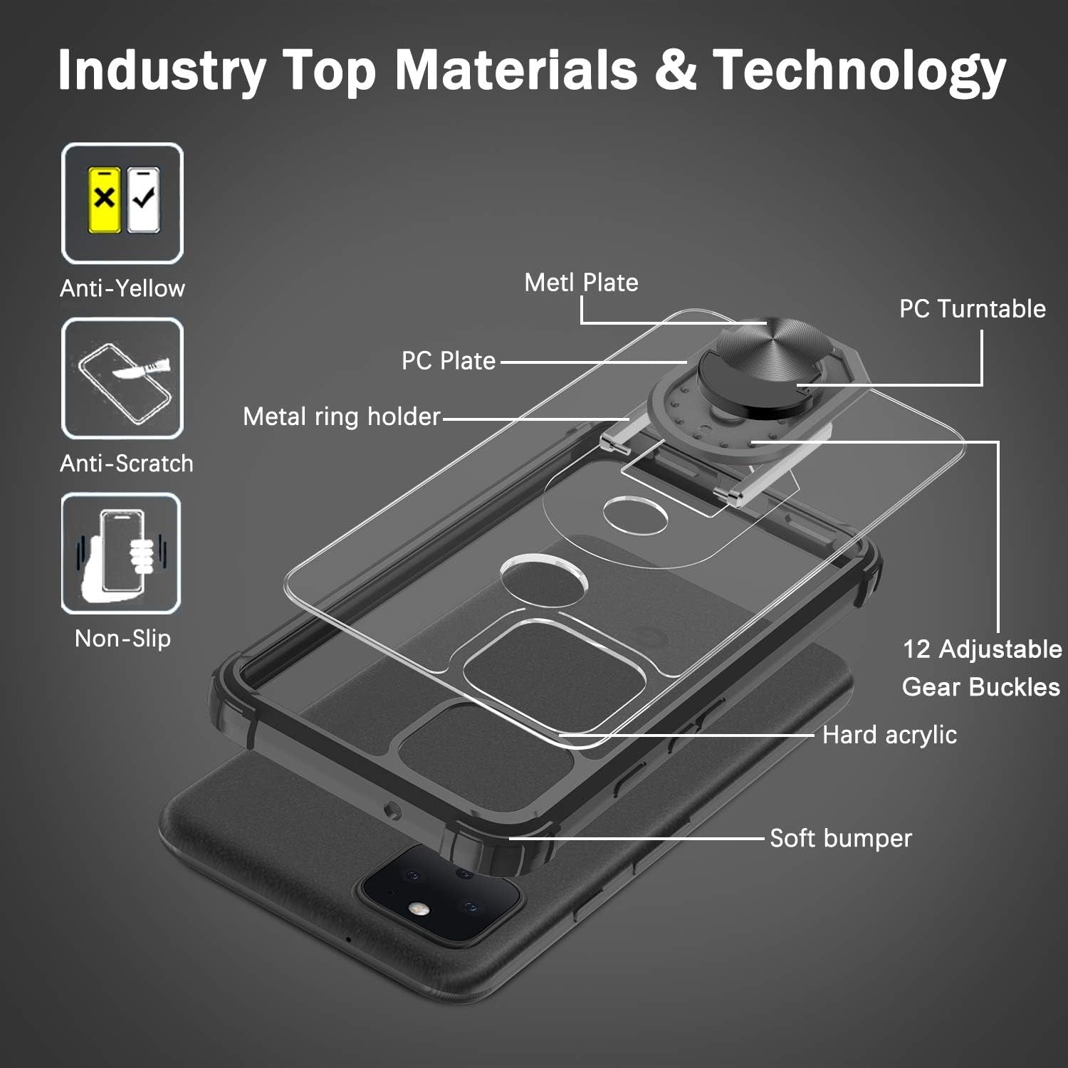 Leyi for Google Pixel 5 Case with 2PCS Screen Protector, [Military-Grade] Clear Crystal Shockproof Phone Case with Magnetic Car Ring Kickstand for Google Pixel 5, Black  LeYi   