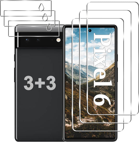 [3+3 Pack] Pixel 6 Screen Protector + Camera Lens Protector, HD Tempered Glass Film, Fingerprint Unlock, Anti-Scratch, Easy Installation, Bubble Free, 9H Glass Screen Protector for Google Pixel 6 5G  LXXMSXH   