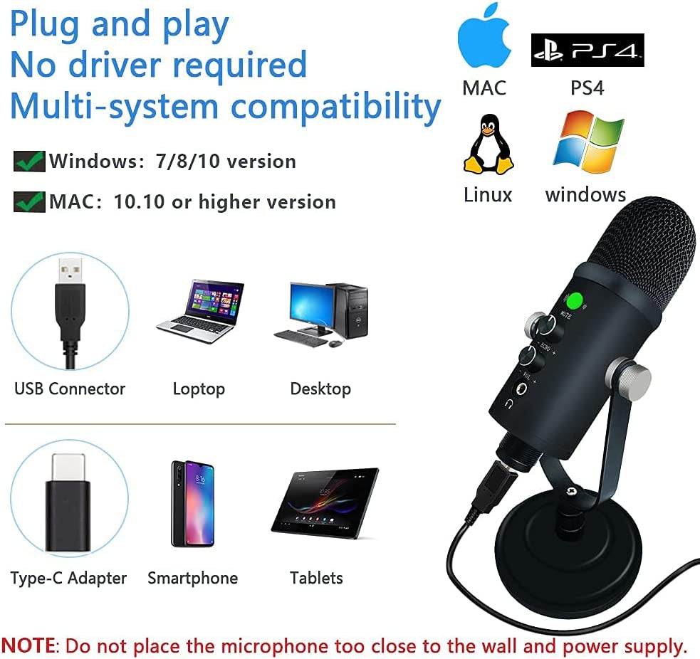 USB Microphone, Condenser Computer Microphone for Streaming, Gaming, Youtube Recording, Plug and Play,Headphone Output and Volume Control,Quick Mute Button,Compatible with Laptop, Phone (Black)  wolfun   
