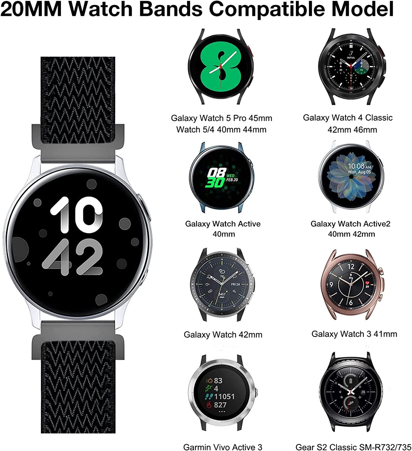 20Mm Stretchy Band Compatible with Samsung Galaxy Watch 5/4 40Mm 44Mm/Watch 5 Pro 45Mm/Watch 4 Classic 42Mm 46Mm/Watch 3 41Mm/Galaxy Watch 42Mm/Active 40Mm/Active 2 40 44Mm, Nylon Strap for Men Women  POHNUI   