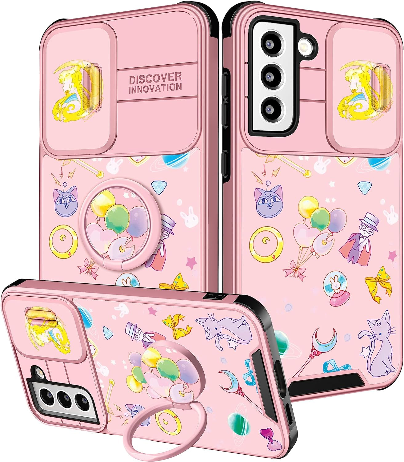 Oqpa for Samsung Galaxy S22 plus Phone Case Cute Cartoon Galaxy S22 plus Case with Camera Cover+Ring Holder for Women Girly Girls Boys Kids Kawaii Funny Case for Samsung S22 Plus, Minn Micki  meitong2020 Moon Cat  