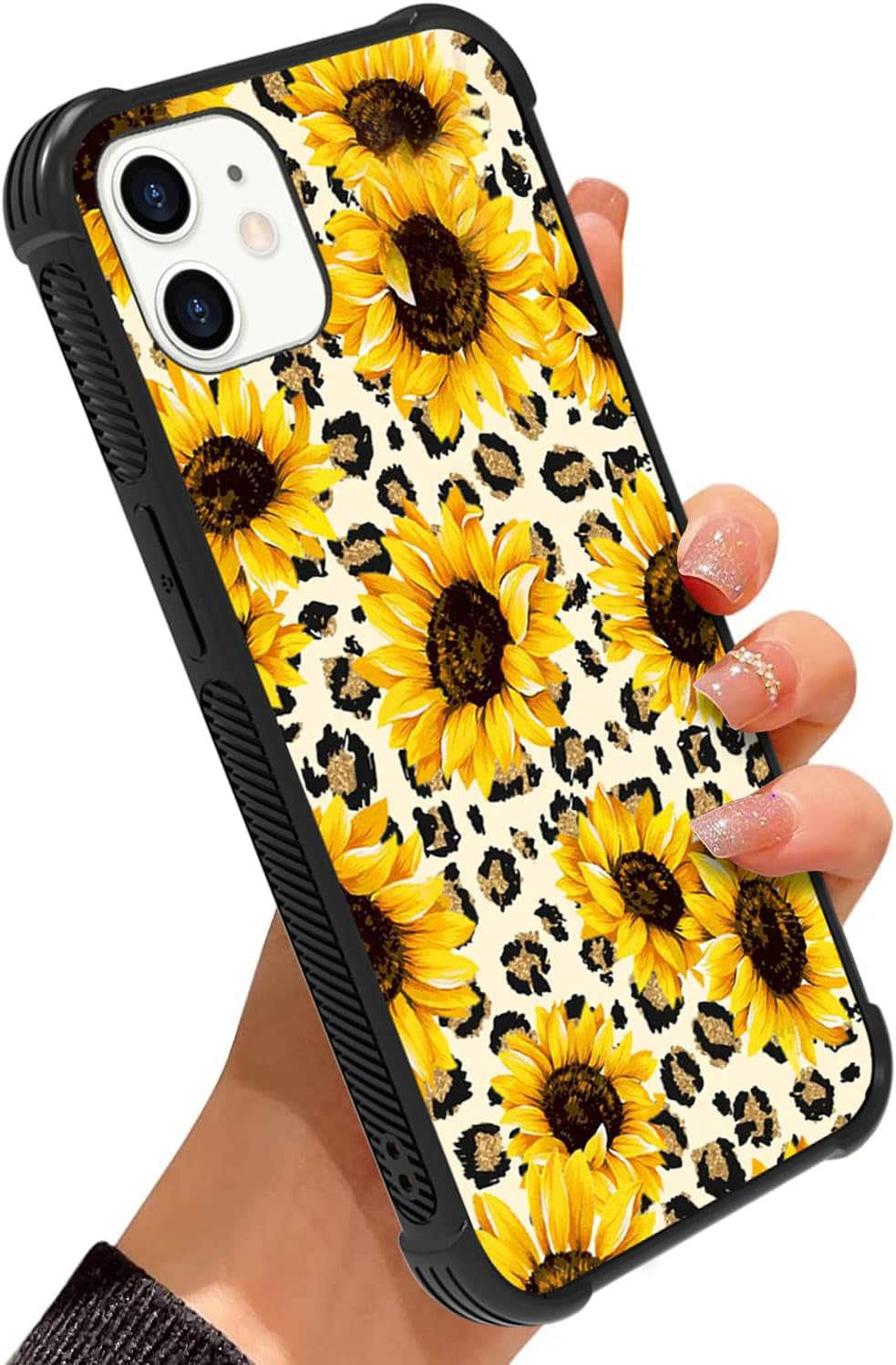 Wlxee Compatible with Iphone 13 Case for Women Girls Leopard Sunflower Print Soft TPU Hard Back Shockproof Non-Slip Anti-Scratch Protective Durable Slim Cover Case for Iphone 13  Wlxee 12/12 Pro Caes 6.1 Inch  