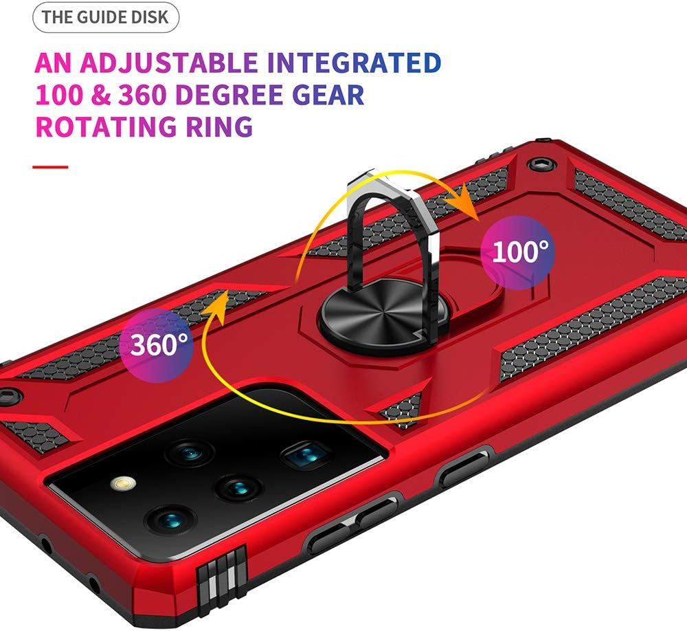 Military Grade Drop Impact for Samsung Galaxy S21 Ultra Case Galaxy S21 Ultra 5G Case 360 Metal Rotating Ring Kickstand Holder Armor Heavy Duty Shockproof Case for Galaxy S21 Ultra Phone Case (Red)  Dionsibei   