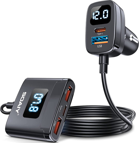 78W Fast Charging USB C Car Charger, 5 Port Car Phone Charger with Voltage Display, 5FT Extention PD&QC 3.0 Type C Car Charger for Back Seat for Iphone Ipad Samsung Pixel Phones  SOAIY   