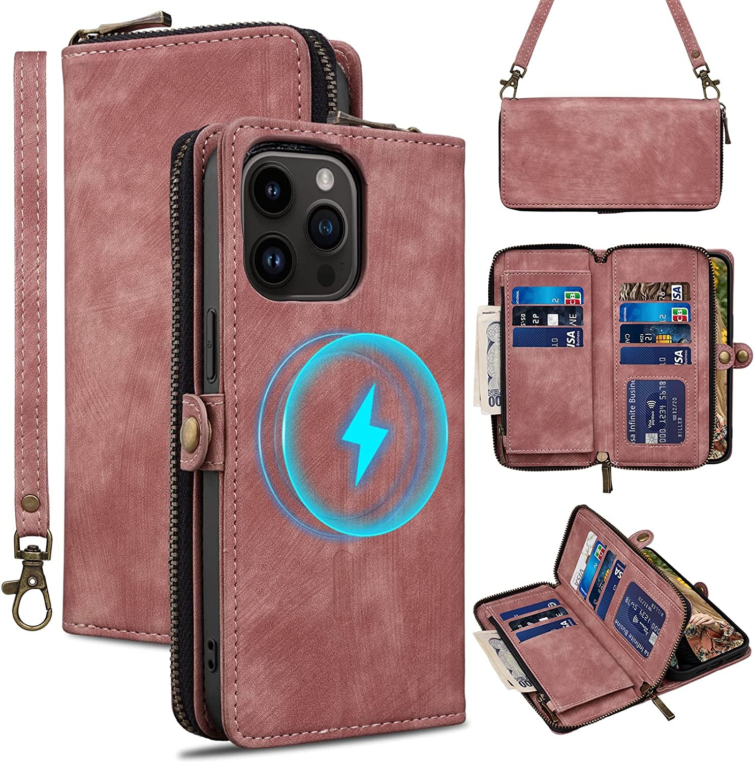 Rssviss for Iphone 12/12 Pro Case Wallet Cover for Women Men, 《RFID Blocking》《Magsafe》Credit Card Holder Leather Strap Zipper Wristlet Iphone 12 Pro Case with Magnetic Shockproof 6.1" Vintage Pink  Rssviss Vintage Pink 6.1 inch iPhone 14 Pro 