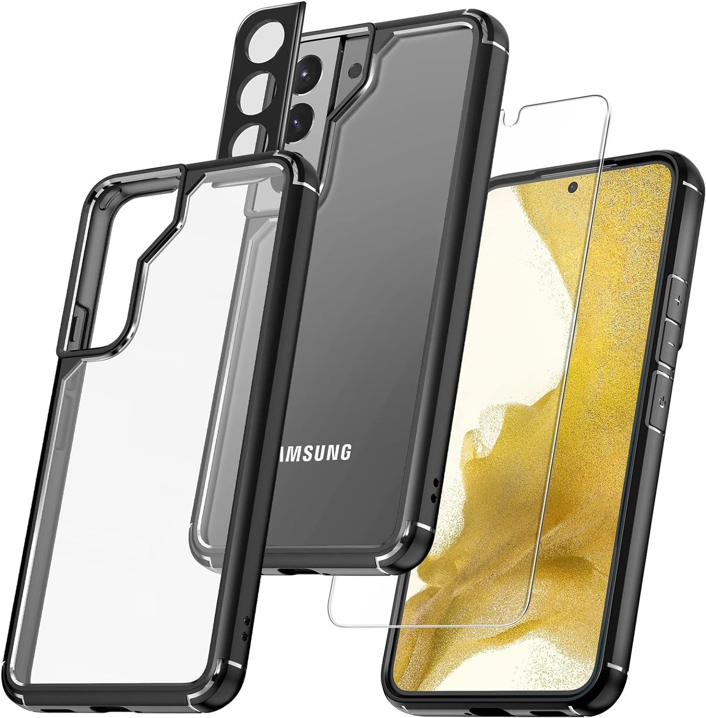 TAURI 5-In-1 Shockproof Galaxy S22 plus Case 6.6" 5G: 2-Pack Tempered Glass + 2 Camera Lens Protectors, Military Grade Slim Cover - Black  TAURI Black S22-6.1 Inch 