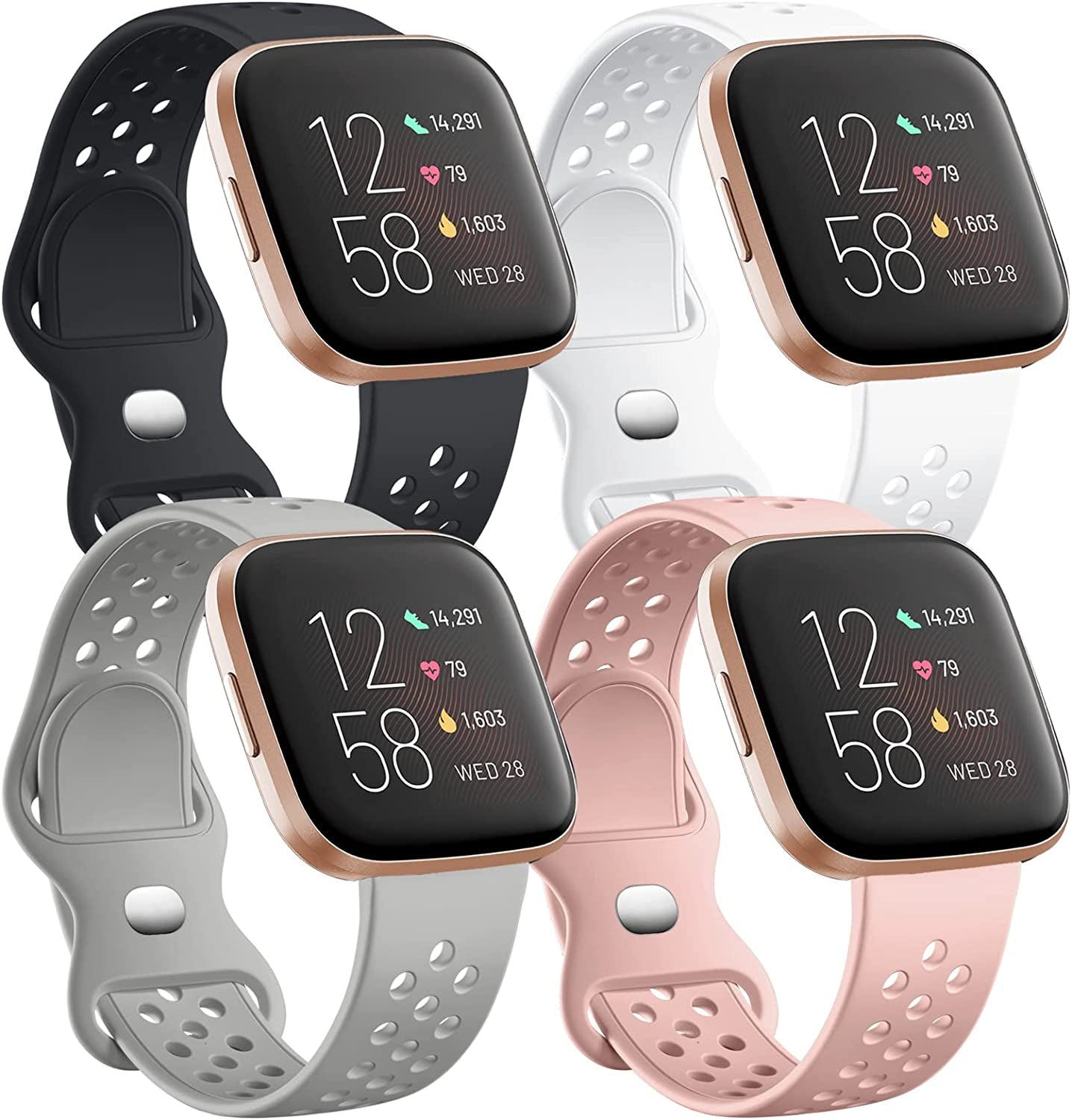 Witzon 4 Pack Compatible with Fitbit Versa / Versa Lite / Versa 2 Band, Breathable Replacement Wristbands Soft Silicone Sport Bands for Versa 2 Smart Watch for Women Men, Small, Black/White/Gray/Pink  Witzon   