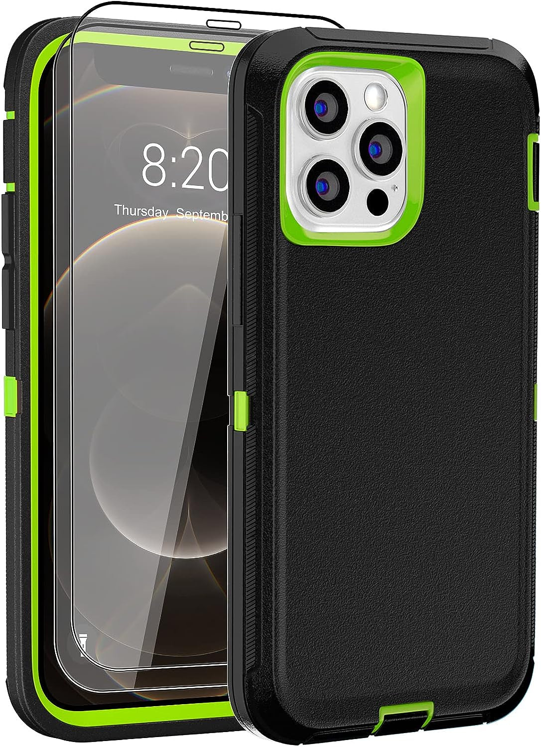 DHCALL for Iphone 12 Case & Iphone 12 Pro Case (6.1"), with 2 Tempered Glass Screen Protector,Belt Clip Holster, [Full Body Drop Protection] Shockproof Tough Durable 6.1 Inch（Black Green+Clip）  DHCALL   