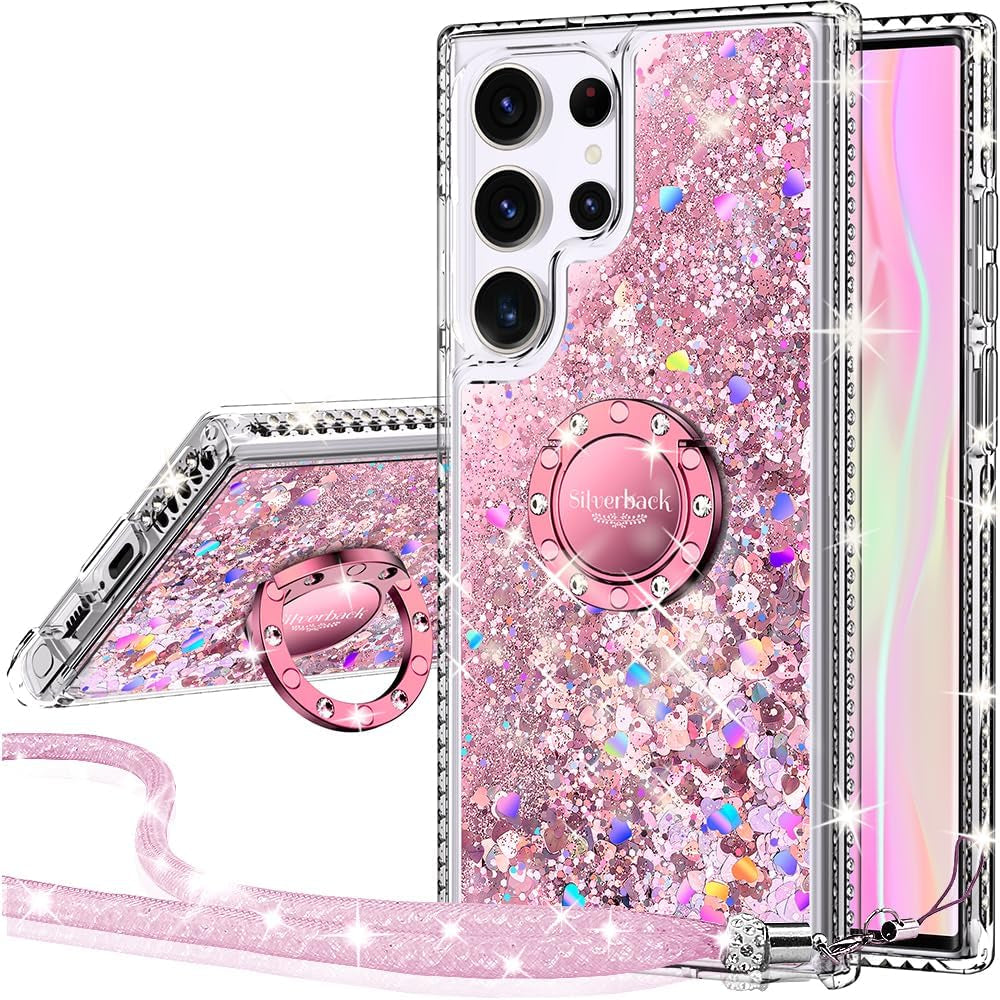 Silverback for Samsung Galaxy S22 Ultra Case, Moving Liquid Holographic Sparkle Glitter Case with Kickstand, Girls Women Bling Diamond Ring Slim Protective Case for Galaxy S22 Ultra 5G, Purple  Silverback inc Pink  