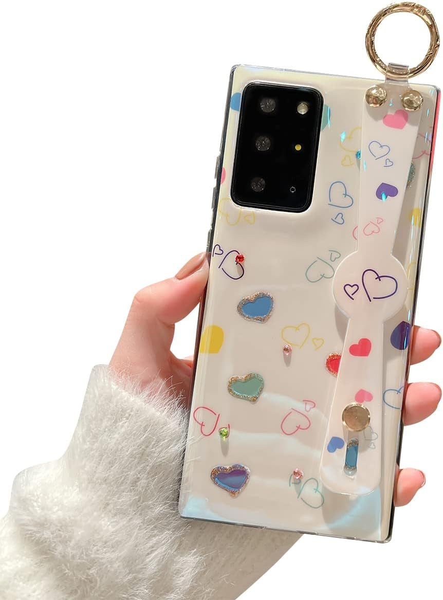 Lastma for Samsung Galaxy Note 20 Ultra Case Cute with Wrist Strap Kickstand Case 5G Glitter Bling Cartoon IMD Soft TPU Shockproof Protective Phone Cases Cover for Girls and Women - Purple Butterfly  Lastma Heart  