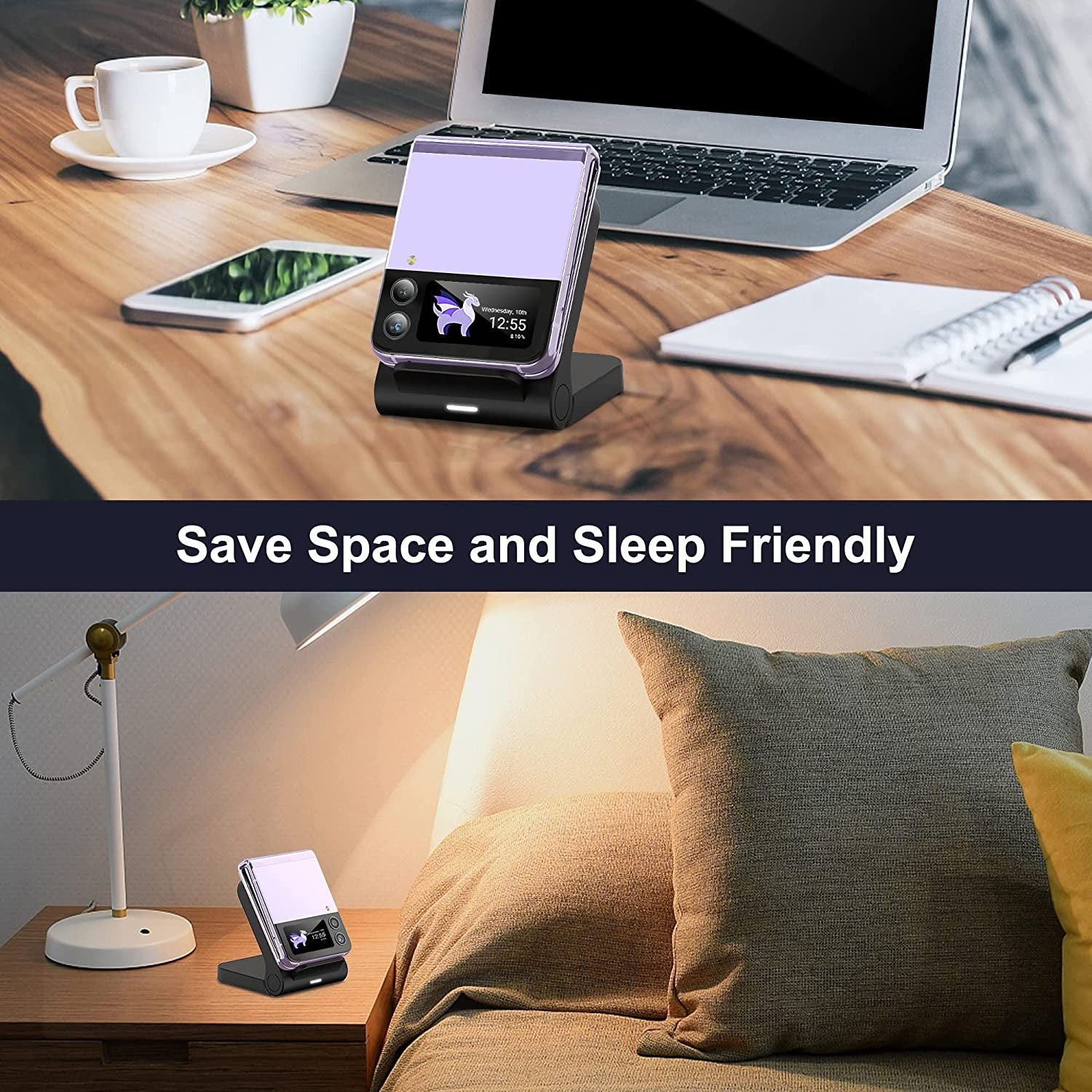 For Samsung Galaxy Z-Flip Wireless Charger: Galaxy Z Flip 4/3/5G Fast Charging Stand, 15W Fast Wireless Charger for Galaxy Z Flip4/Z Flip3/Z Flip 5G, Easy to Carry & Use (QC3.0 Adapter Included)Black  Geyo   