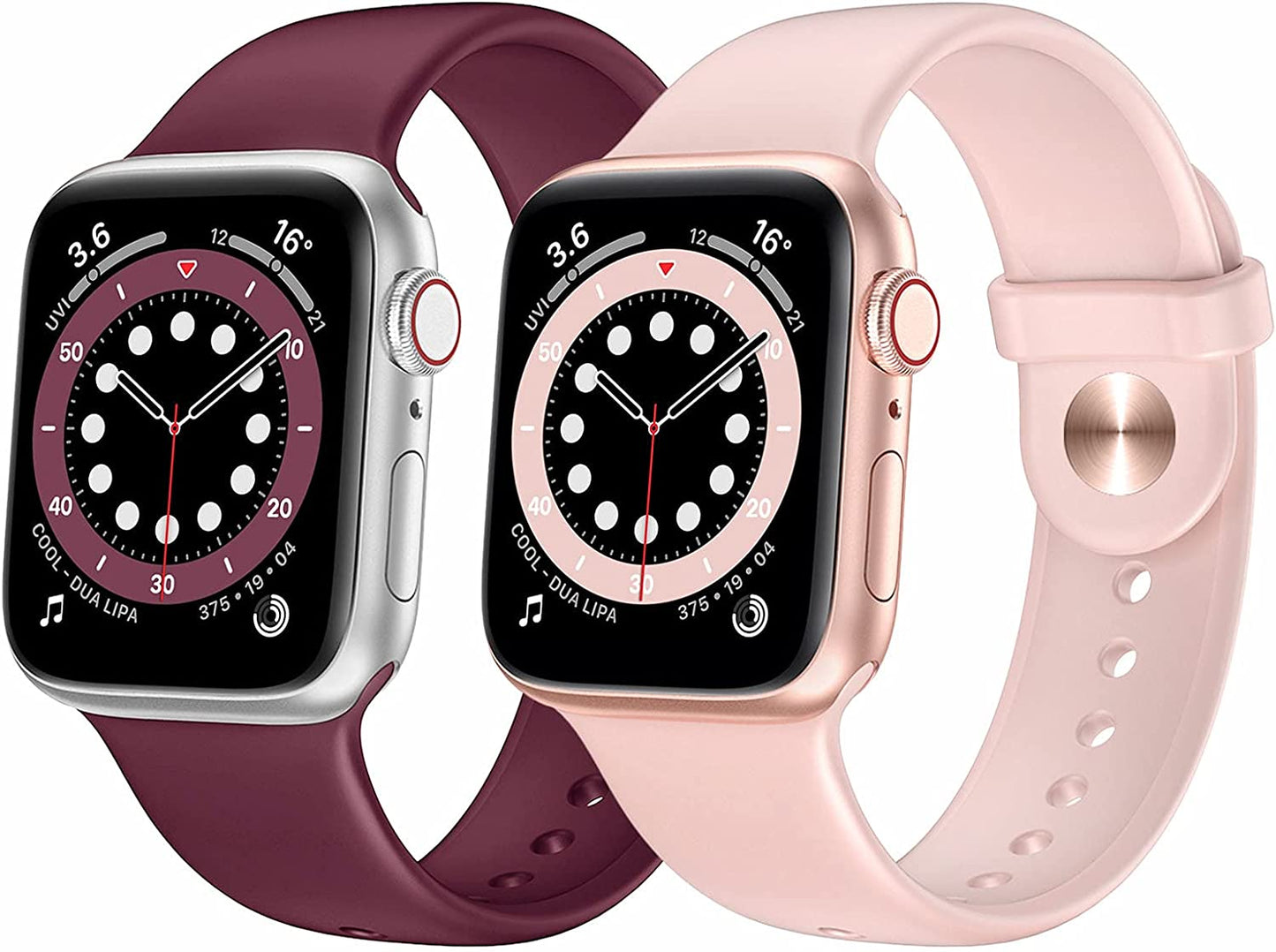 OUHENG 2 Pack Sport Band Compatible with Apple Watch Band 49Mm 45Mm 44Mm 42Mm, Soft Silicone Band Strap for Iwatch Ultra Series 8/7/6/5/4/3/2/1/SE2/SE (Black/Dark Gray, 49Mm 45Mm 44Mm 42Mm)  OUHENG Pink Sand/Wine Red 41mm/40mm/38mm 