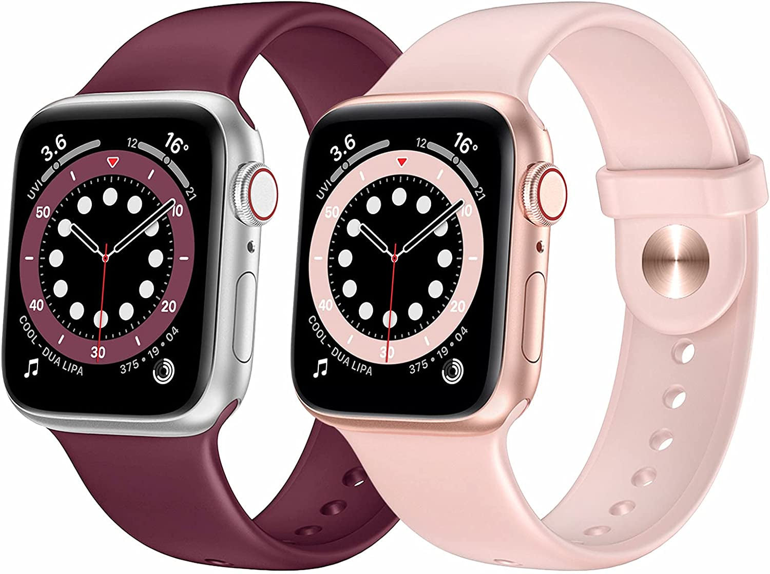 OUHENG 2 Pack Sport Band Compatible with Apple Watch Band 49Mm 45Mm 44Mm 42Mm, Soft Silicone Band Strap for Iwatch Ultra Series 8/7/6/5/4/3/2/1/SE2/SE (Black/Dark Gray, 49Mm 45Mm 44Mm 42Mm)  OUHENG Pink Sand/Wine Red 41mm/40mm/38mm 