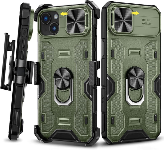 Caka for Iphone 14 plus Case with Belt-Clip Holster, Case for Iphone 14 plus with Slide Protective Camera Cover Built-In 360° Rotate Stand, Iphone 14 plus Phone Case 6.7 Inch -Green  Caka   