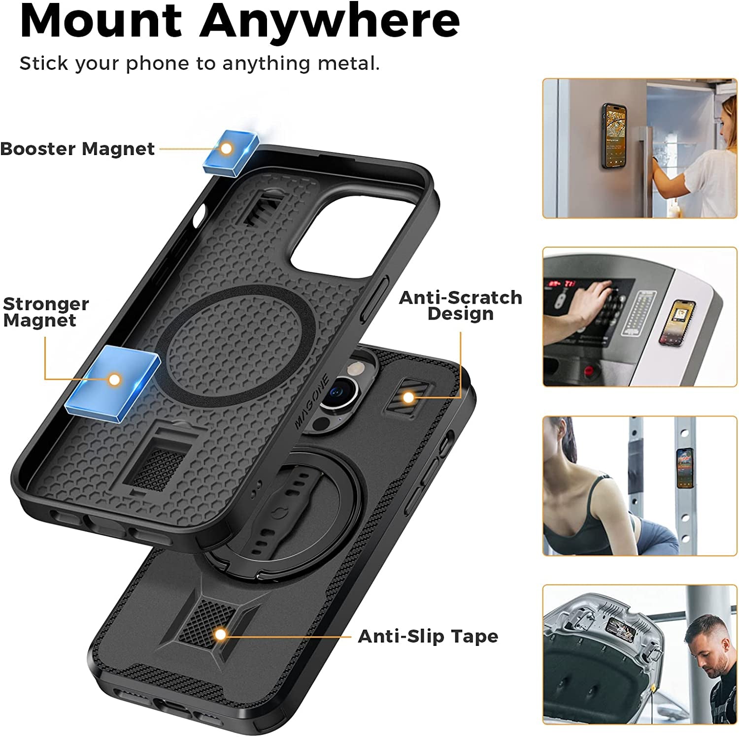 EWA Magone Case Designed for Iphone 14 Pro Max Case Compatible with Magsafe with Ring Stand, Strap Grip, Dual Magnet Stick to Metal, Rugged Shockproof Protective (Black)  EWA   