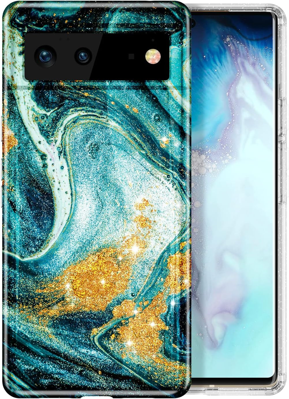 Btscase Gold Glitter Marble - Slim Shockproof Protective Cover for Google Pixel 6 (2021) - Blue/Drift Sand  Btscase Ocean  