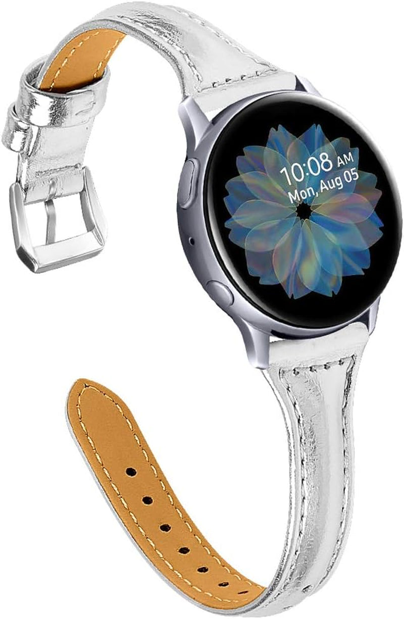 JOYOZY Leather Band Compatible with Samsung Galaxy Watch 5/4 40Mm 44Mm,Active(40Mm)/2(40Mm)(44Mm),Stylish Slim Wristband Strap for Galaxy Watch 42Mm/Samsung Galaxy Watch 4 Classic/Watch 5 Pro 45Mm  Joyozy Silver/Silver  