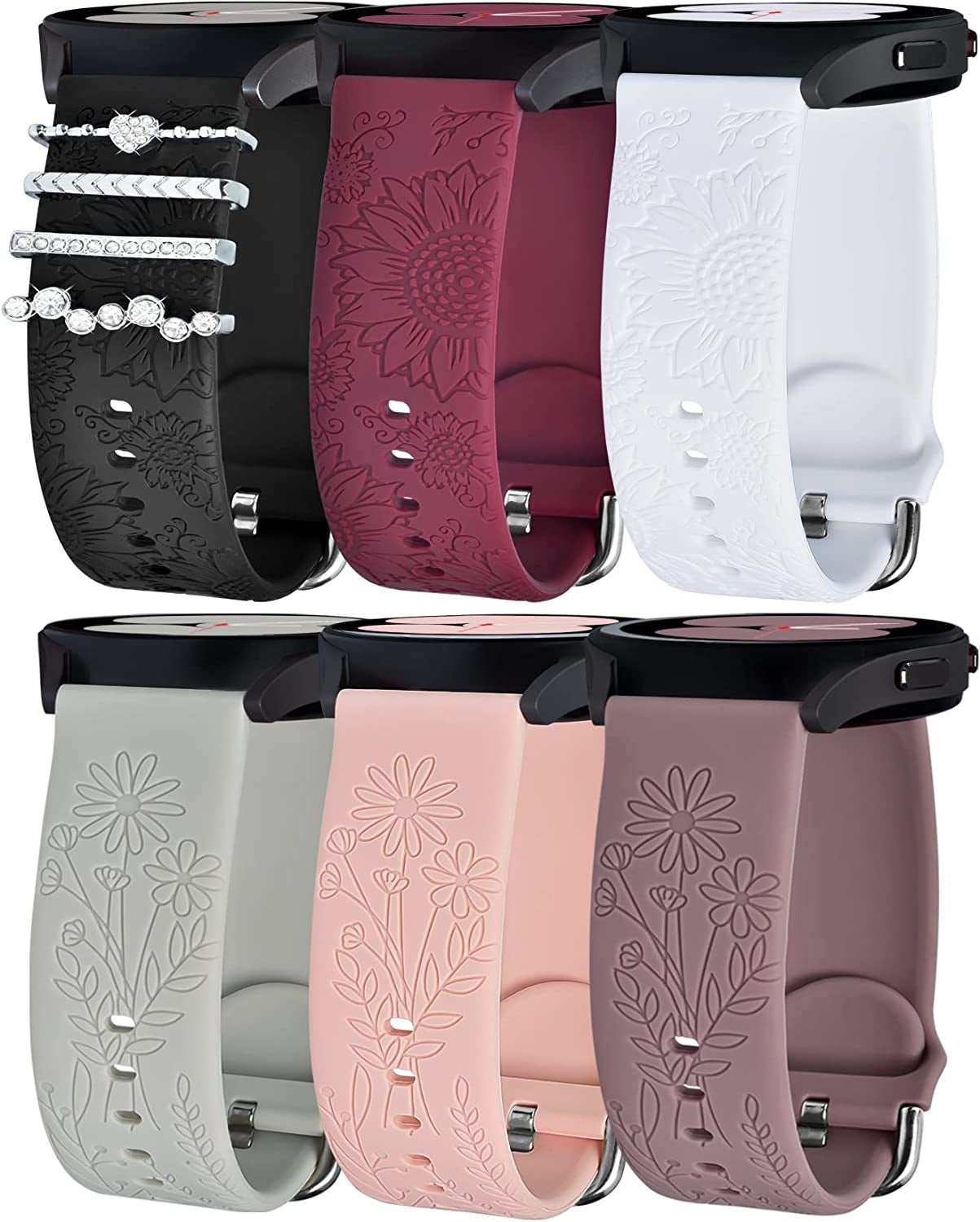 6 Pack Bands for Samsung Galaxy Watch 5 & 4 Band with 4 Charms, YOPICKERN 20Mm Women Floral Engraved Silicone Strap with Decorative Rings Loops for Active 2/Watch 5 Pro/Watch 4 Classic 46Mm 42Mm/Watch 3 41Mm  YOPICKERN   