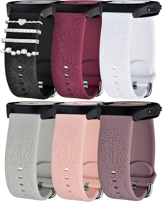 6 Pack Bands for Samsung Galaxy Watch 5 & 4 Band with 4 Charms, YOPICKERN 20Mm Women Floral Engraved Silicone Strap with Decorative Rings Loops for Active 2/Watch 5 Pro/Watch 4 Classic 46Mm 42Mm/Watch 3 41Mm  YOPICKERN   