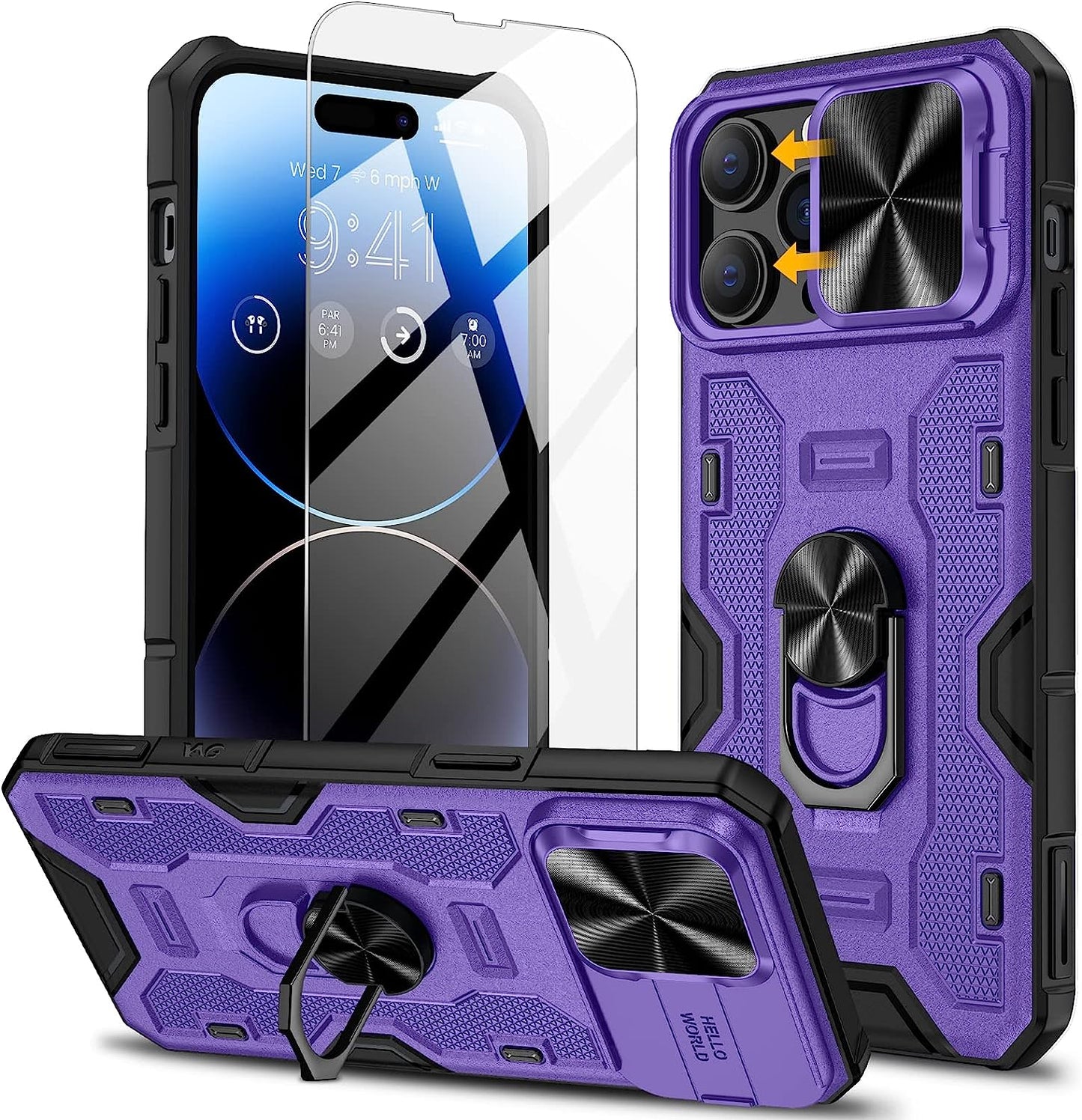 NULETO Case with Screen Protector & Stand & Slide Camera Cover, Full-Body Rugged Shockproof Protective Cover for Iphone 14 Pro Max Built-In 360° Rotate Ring Kickstand - Black  Nuleto Purple  