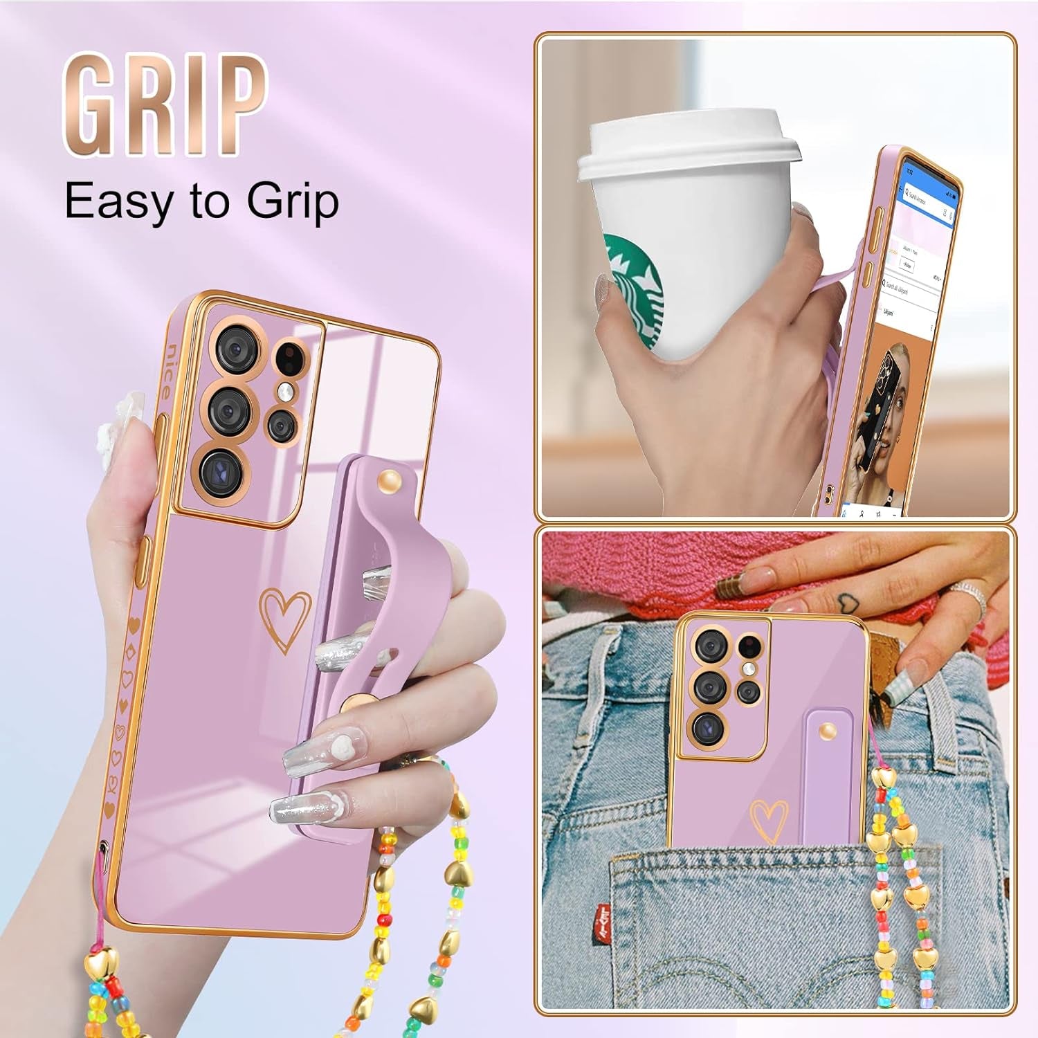 Likiyami (3In1 for Samsung Galaxy S21 Ultra Case Heart Women Girls Cute Girly Aesthetic Trendy Luxury Pretty with Loop Phone Cases Purple Lavender Plating Love Hearts Cover+Screen+Chain -6.8 Inch  Likiyami   