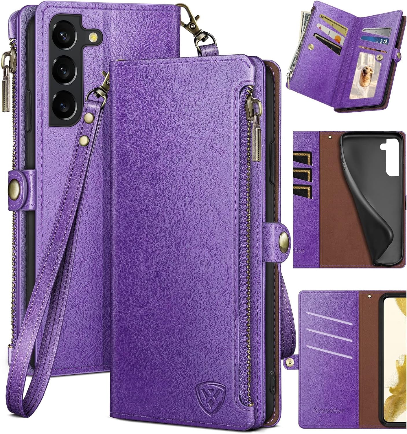 Xcasebar for Samsung Galaxy S22 plus Wallet Case with Zipper Credit Card Holder【Rfid Blocking】, Flip Folio Book PU Leather Phone Case Shockproof Cover Women Men for S22 plus Case Black  XcaseBar Purple  